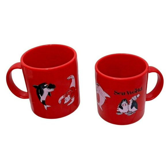 Vintage Sea World Mug Shamu Orca Penguin Sea Lion Logo Red Plastic Kid's Cup - Picture 7 of 8
